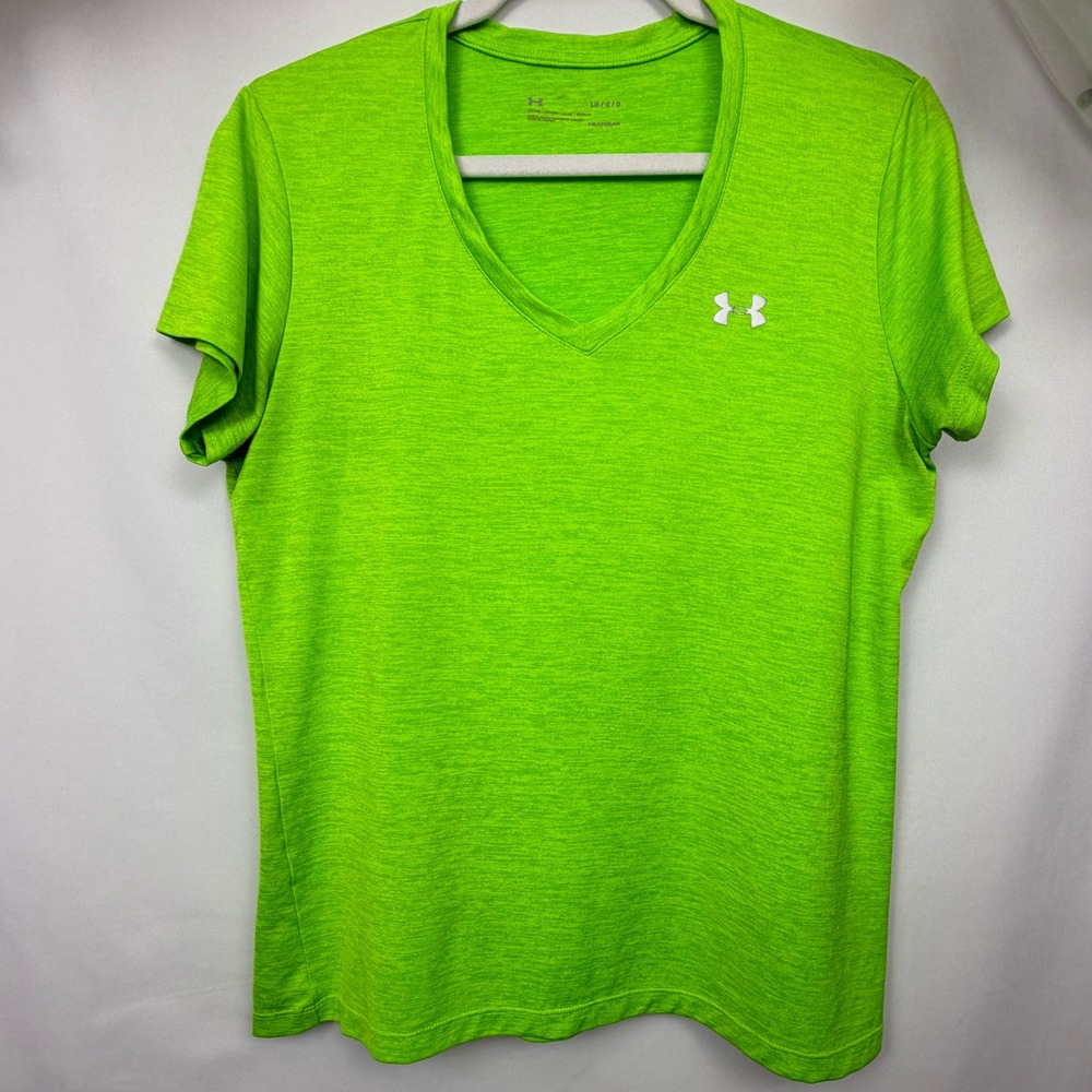 Under Armour Womens HeatGear V-Neck T-Shirt Lime Green Heather Loose Fit Large
